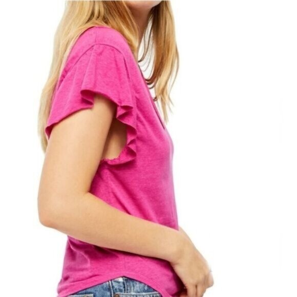 Free People ✦ Bright Pink Button-Down Top ✦ Flutter Sleeves V-Neck Sheer Stripe - Picture 4 of 10